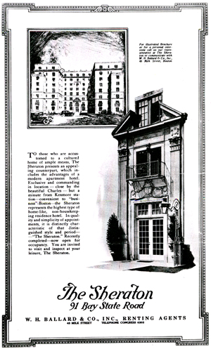 The Sheraton Hotel promotional announcement 1923, Shelton Hall, Kilachand Hall, Bay State Road, Boston University Charles River Campus